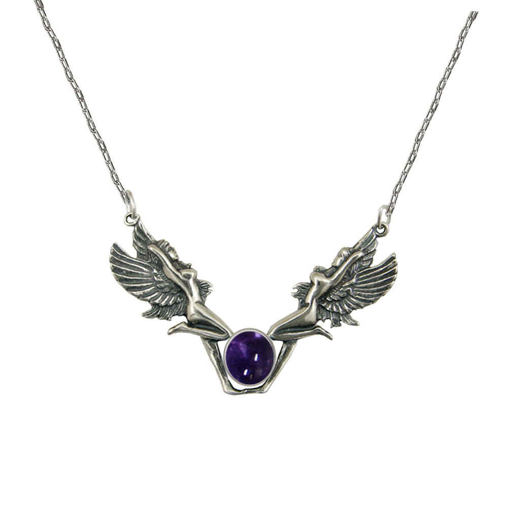 Sterling Silver Double Fairies Necklace With Iolite
